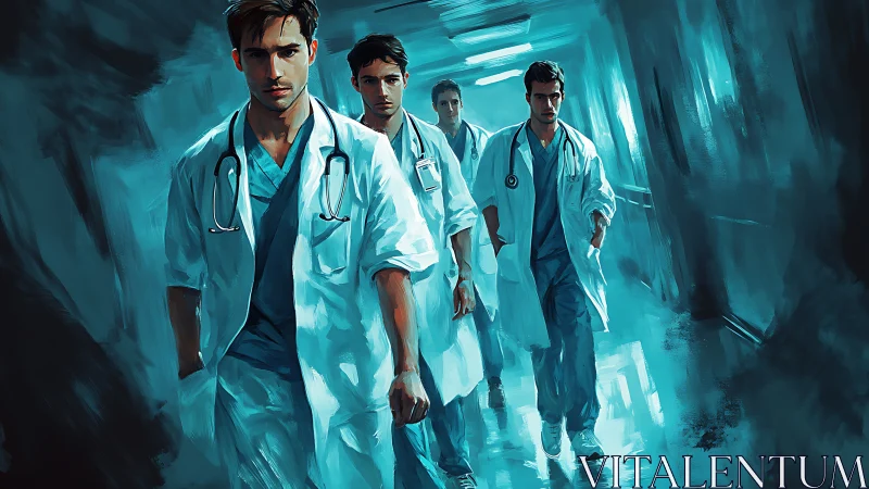 Focused young doctors stride through a glowing hospital