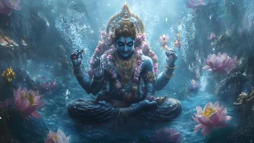 Blue four-armed deity meditates in radiant underwater lotus grove