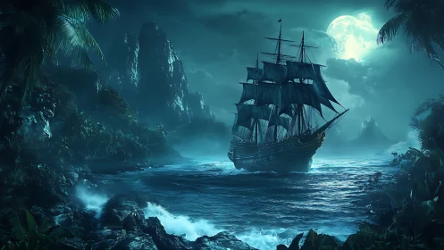 Moonlit galleon navigates turbulent tropical strait in teal haze