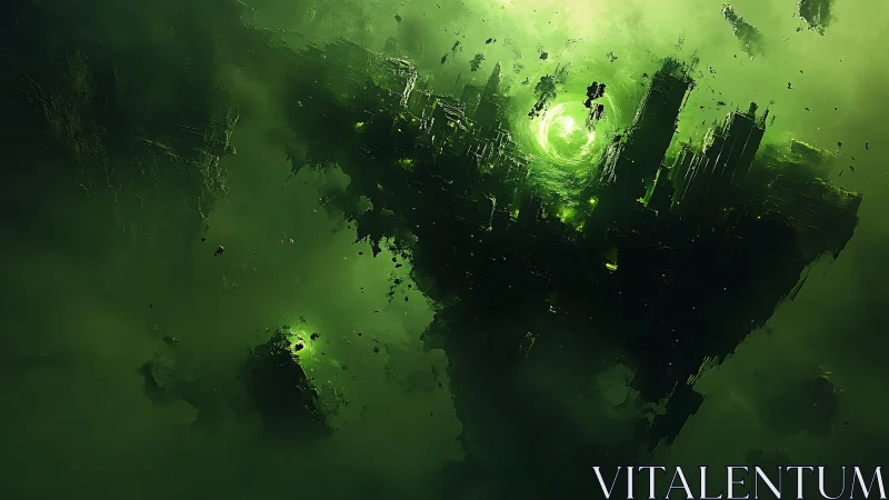 Gravitationally disrupted void citadel with luminous vortex core.