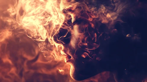 Human profile dissolves into swirling firelit smoke.