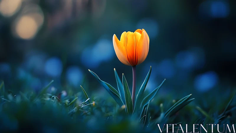 Single yellow tulip in shallow focus outdoor setting.