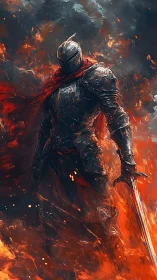 Infernal greatsword knight in scorched plate amid rising embers