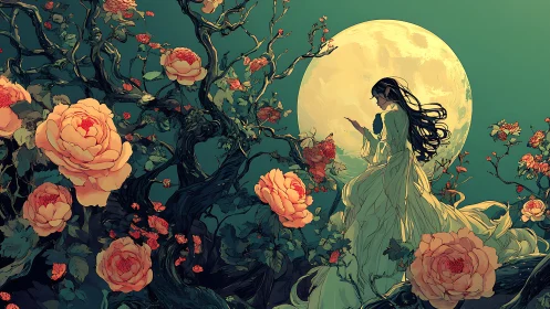 Moonlit woman amid gnarled rose vines uses strong silhouette contrast