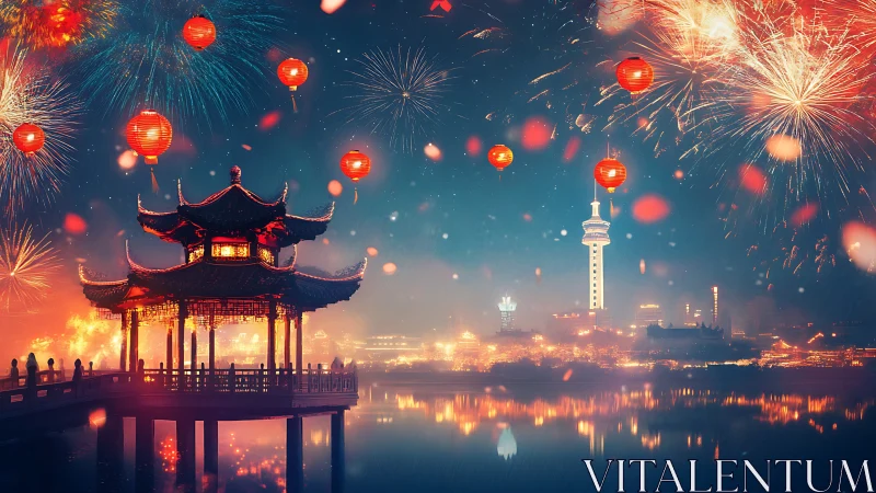 Chinese lakeside pavilion under lanterns and festival fireworks