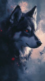 Luminous red‑eyed wolf portrait in atmospheric digital chiaroscuro.