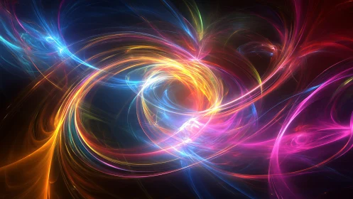 Radiant vortex of neon light trails in cosmic motion.