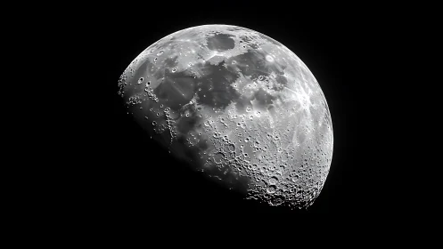 Lunar surface close-up with craters in partial illumination.