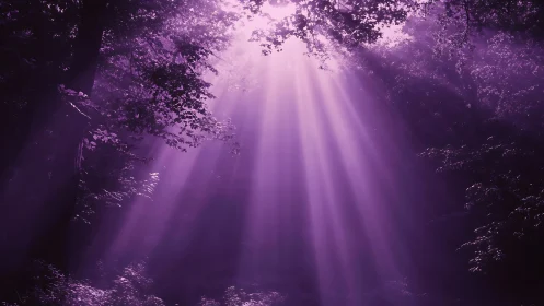 Purple tinted sunbeams penetrating dense forest canopy.