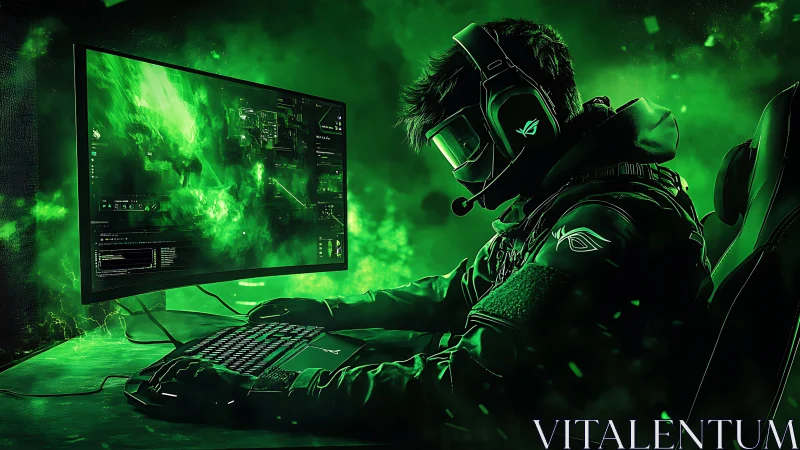 Cyber gamer in neon green command center environment.