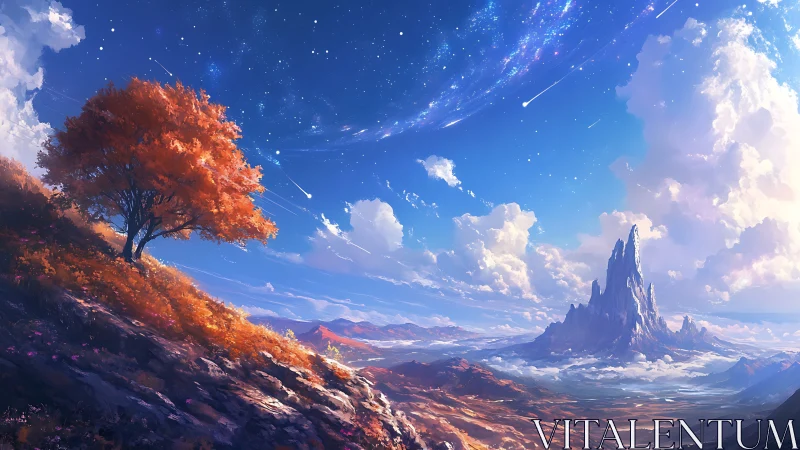 Digital painting of autumn tree and celestial mountain vista.
