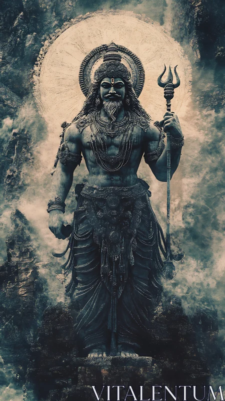 Monumental warrior deity statue before haloed stone disk.