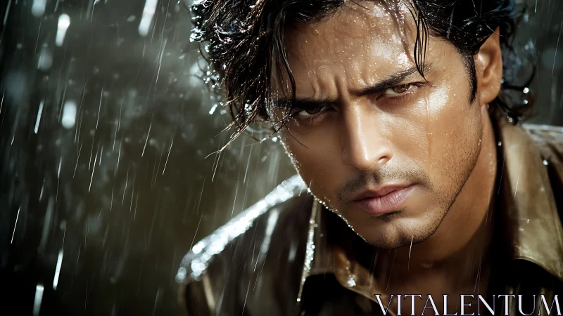 Intense male portrait under cinematic silver rainfall.