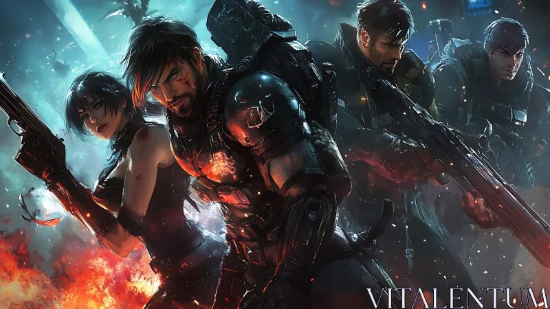 Heavily armed squad advancing through burning battlefield.