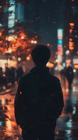Silhouette facing wet city street with neon lights at night.
