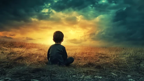 Child in dried grassland observing dramatic storm-lit sunset
