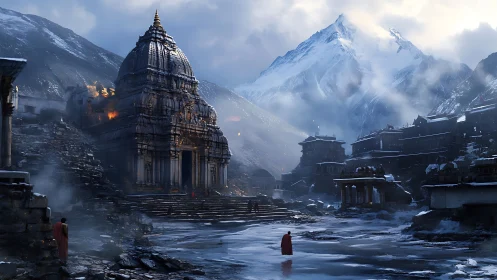 Ancient Himalayan temple rendered in atmospheric digital realism