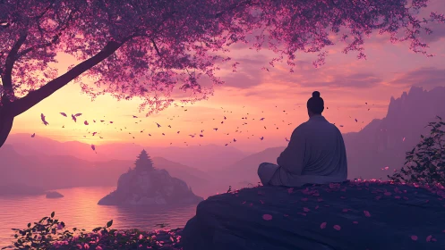 Monk beneath sakura skies dreaming over misty temple sea.