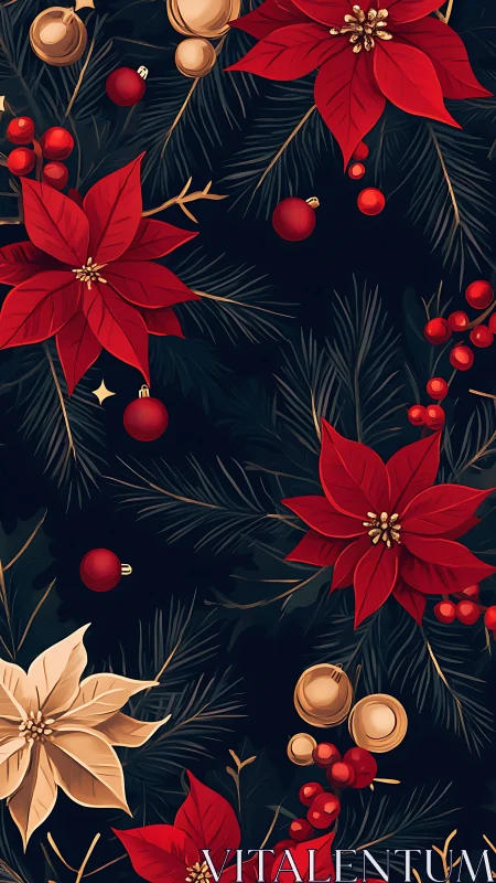 Rich poinsettia pattern over deep midnight backdrop.