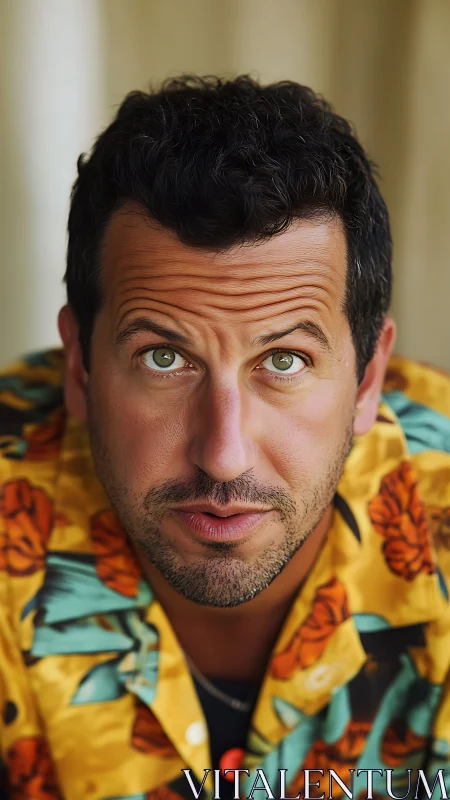 Expressive man in vivid floral shirt, warm close portrait.