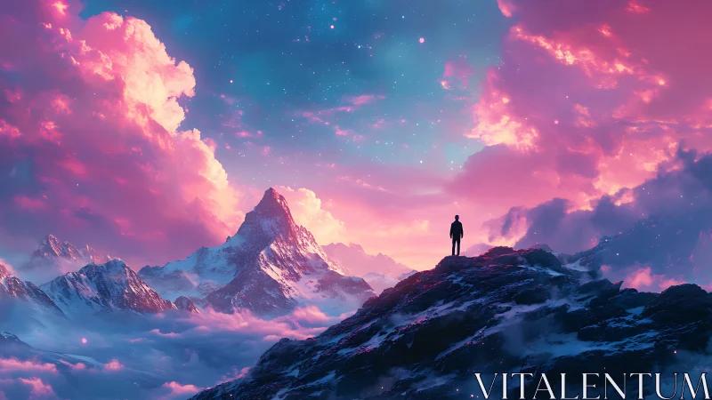 Silhouetted figure surveys neon-lit alpine range at dusk