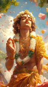Divine youth in golden garlands amid swirling petals.