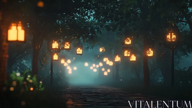 Lantern-lit forest path rendered with depth-of-field bokeh falloff