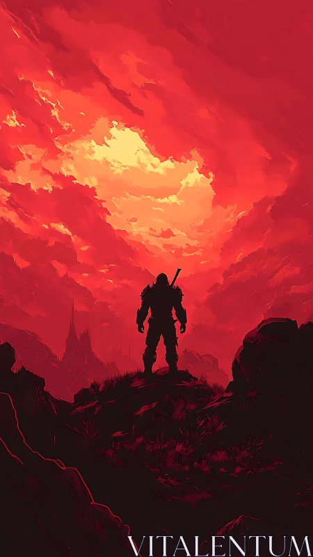 Lone armored warrior confronts a burning apocalyptic sky