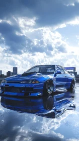 Modified blue coupe is parked on reflective wet surface