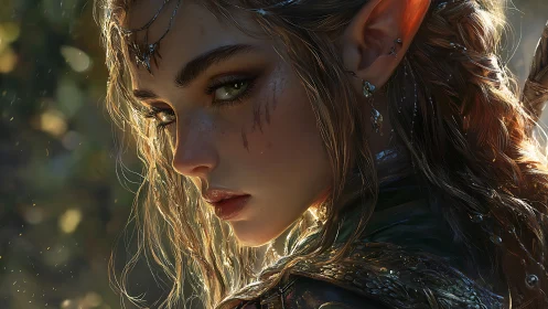 Fierce elven warrior gazes back in sunlit forest calm