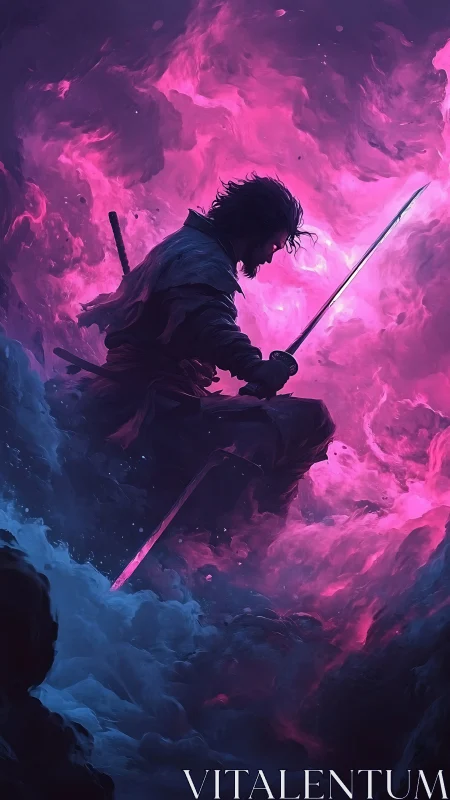 Wandering swordsman resting within swirling cosmic fire.