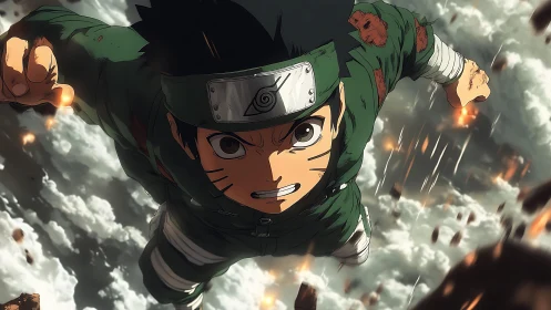 Fierce young ninja soars upward through a storm of sparks