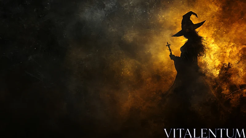 Silhouetted witch profile in volatile chiaroscuro smoke field.