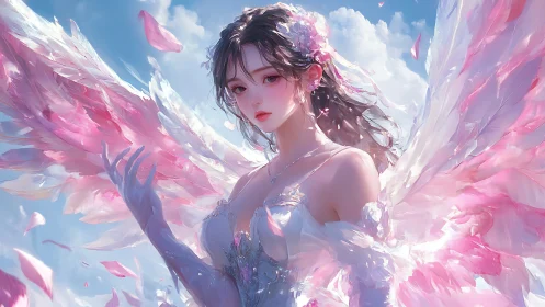 Winged girl in pink and white feathers against sky backdrop.
