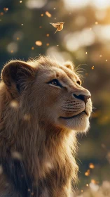 Lion portrait with suspended sparrow and golden bokeh field.