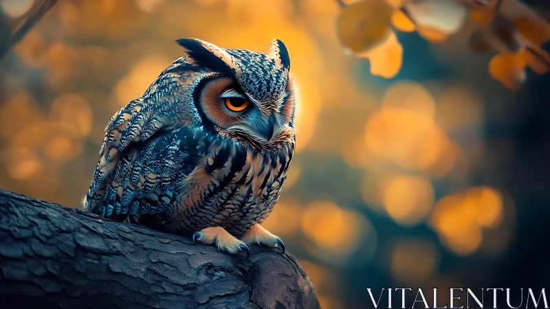 Majestic owl perched on branch in dreamy autumn bokeh style.