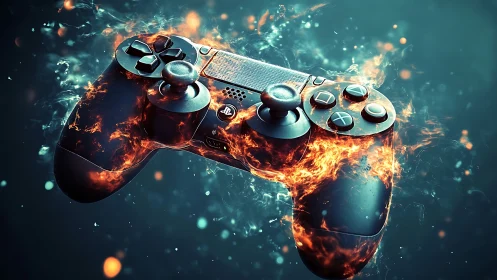 Gaming controller blazes with fiery energy in dark space