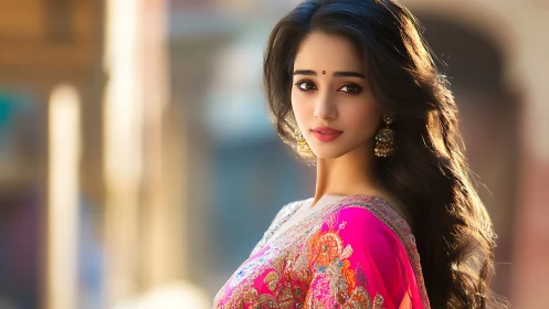 Graceful woman in vivid sari under warm evening light.