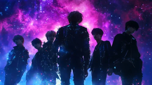 Starglow silhouettes of a cosmic stage-ready pop crew.