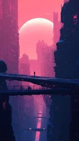 Solitary figure surveys neon megastructure under colossal moon