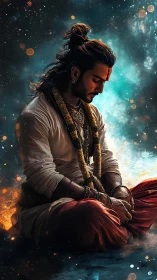 Cosmic calm around a meditating soul wrapped in starlight.