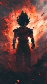 Fiery warrior silhouette strides through erupting inferno