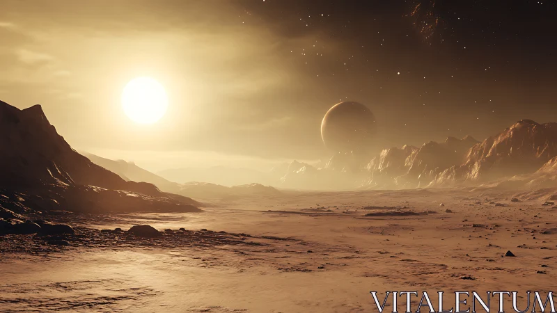 Distant sun over rocky extraterrestrial desert landscape.