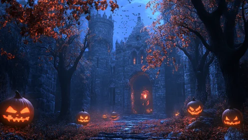 Gothic castle entryway illuminated by carved jack o lantern array