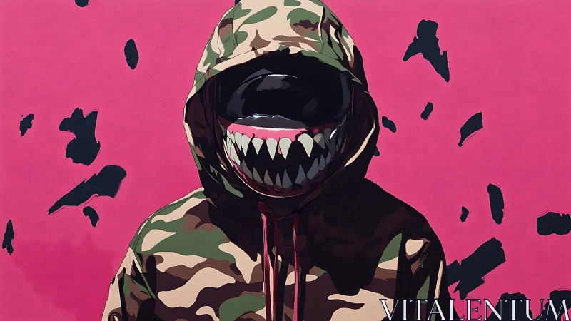 Urban camo hooded figure with bold monster grin art.