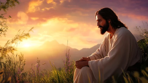 Gentle robed man rests in quiet prayer at glowing sunset