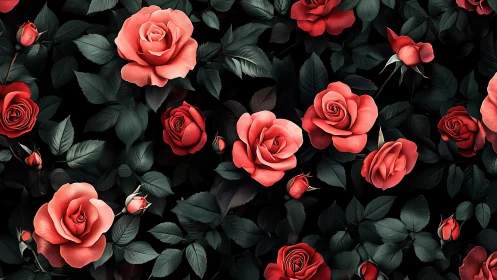 Red and coral roses with dark green foliage on black background.