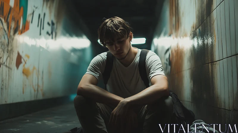 Young man sits alone in dim, grimy underground tunnel.