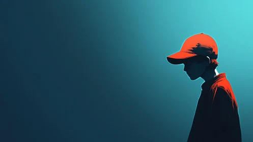 Silhouetted boy in red cap against teal negative space.