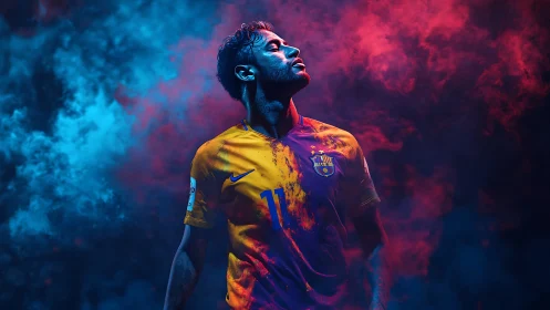 Footballer in club jersey stands amid contrasting colored smoke